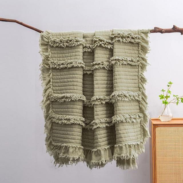 Ultra Soft Pre-Washed Quilted Throw Blanket, Ruffle Fringed Sage Green Decorative Throw, Stone Washed Chic Rustic Blanket for Sofa Couch Bed Chair, 50"x 60"