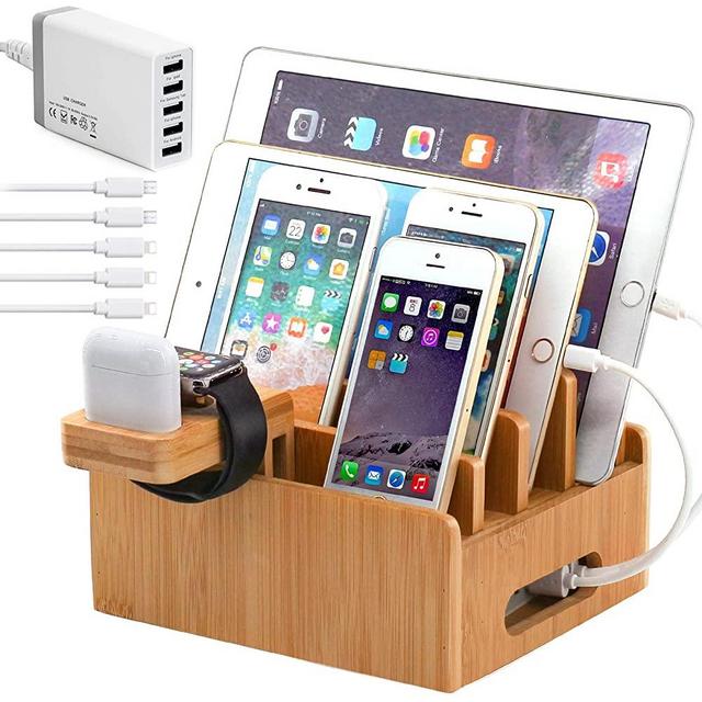 Bamboo Charging Station for Multiple Devices with 5 Port USB Charger, 5 Charger Cables and AirPod & Watch Stand. Pezin & Hulin Desk Wood Docking Stations Electronic Organizer for Cell Phone, Tablet,