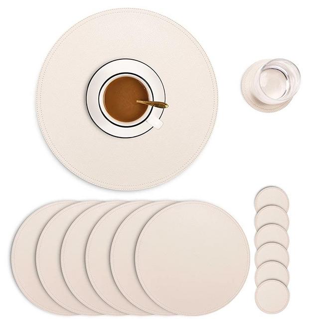 Set of 6 Faux Leather Round Placemats and Coasters, Coffee Mats Kitchen Table Mats, Waterproof, Easy to Clean for Kitchen Dining Round Table