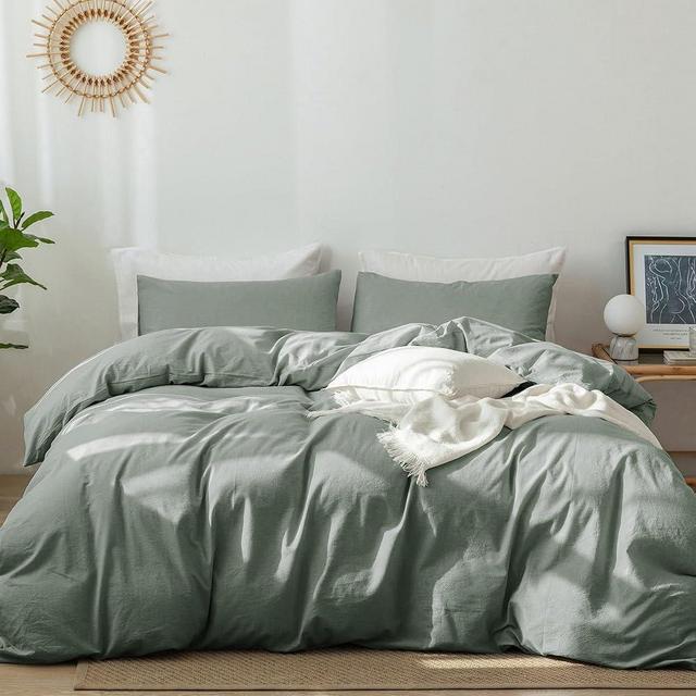 MooMee Bedding Duvet Cover Set 100% Washed Cotton Linen Like Textured Breathable Durable Soft Comfy (Heathered Green, King)