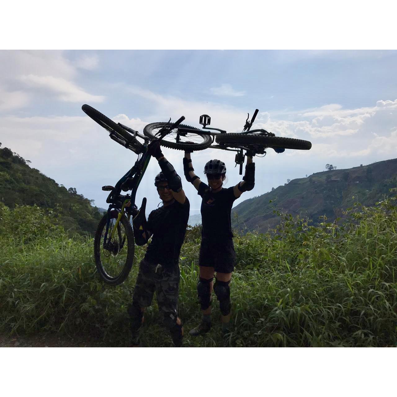 Over the past couple of years both of us have discovered a love for mountain biking (Thanks Brendan and Helene!) This is a pic of us in Columbia on a 6,000ft decent!