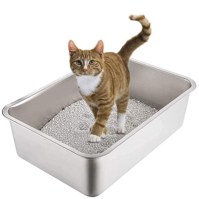 Yangbaga Stainless Steel Litter Box for Cat and Rabbit, Odor Control, Non Stick Smooth Surface, Easy to Clean, Never Bend, Rust Proof, Large Size with High Sides and Non Slip Rubber Feets