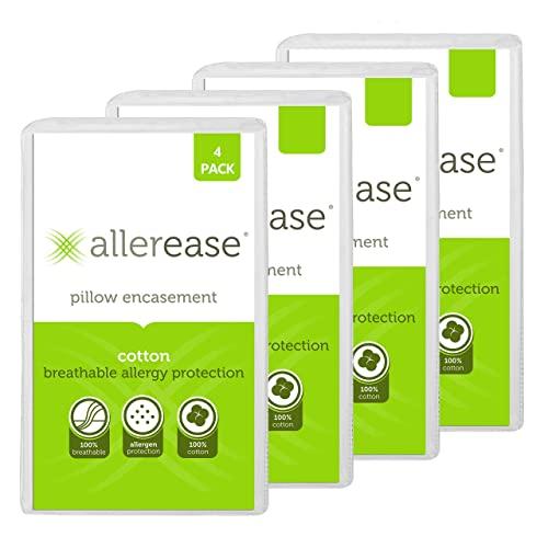 AllerEase 100% Cotton Allergy Protection Pillow Protectors – Hypoallergenic, Zippered, Allergist Recommended, Prevent Collection of Dust Mites and Other Allergens, Standard Sized, 20” x 26” (Set of 4)