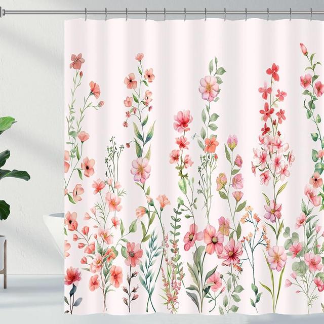 Pink Floral Shower Curtain Watercolor Flower Plant Shower Curtains with Metal Hooks Rustic Wildflower Leaf Spring Blossom Bathroom Curtain 72×72 Inch Waterproof Fabric Bath Curtain for Bathroom Decor