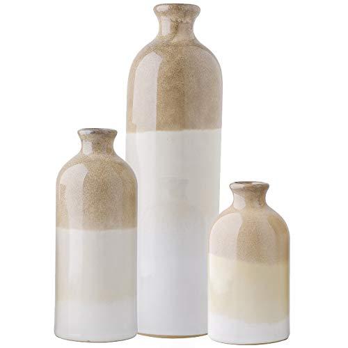 TERESA'S COLLECTIONS Ceramic Flower Vase for Home Decor, Set of 3 Glazed Brown and White Handmade Decorative Rustic Vases for Table, Centerpieces, Kitchen, Office, Living Room, Wedding Decoration