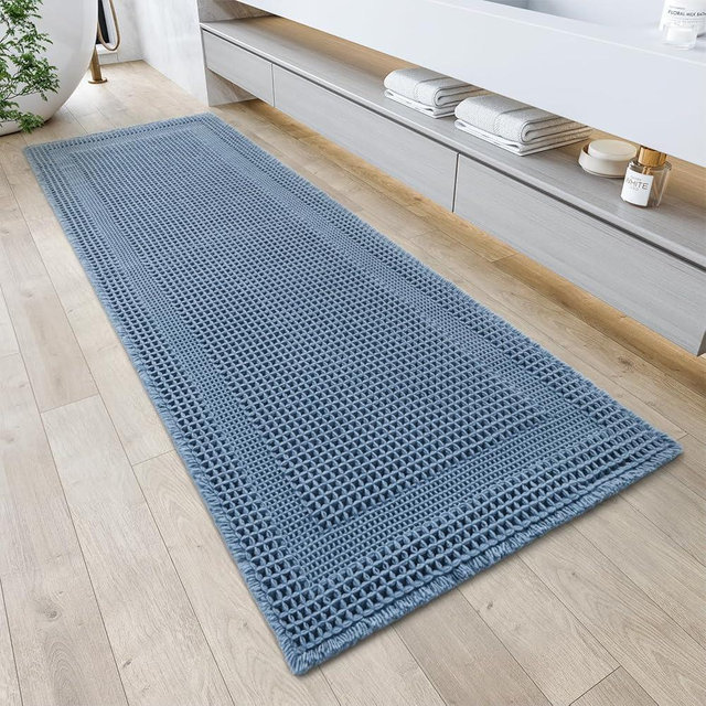 AMOAMI Waffle Bath-Mat, Absorbent Bath Mats for Bathroom Non Slip, Machine Washable Bathroom Rugs with Tassels Ultra Soft Boho Bath Rugs for Floor 2'x4'(24"x48") Blue