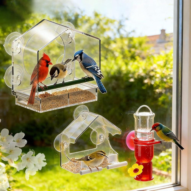 Window Bird Feeders (Large & Small) Plus Hummingbird Waterers（3-Piece Set） Lure Various Birds, Offer Easy Food & Water Access. Extra-Strong Suction Cups, Easy to Mount, Perfect for Outdoor Use