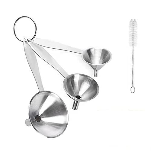 Small Kitchen Funnel for Filling Bottles, AAB Stainless Steel Mini Funnels Set of 3 with a Cleaning Brush for Liquid, Dry Ingredients & Powder (Long Handle)