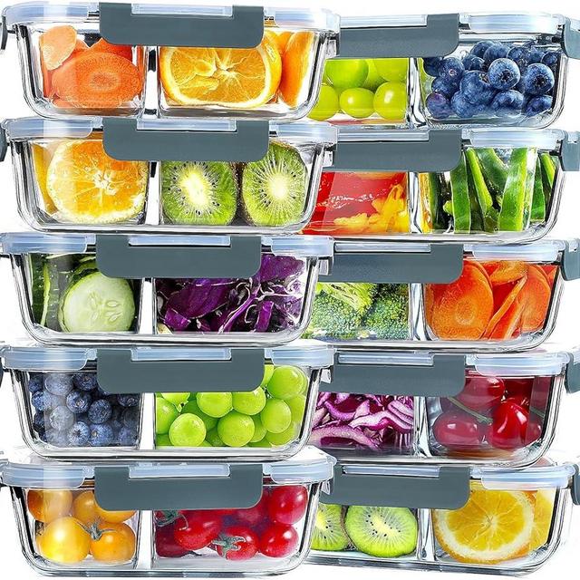 VERONES 10 Pack Glass Meal Prep Containers 2 Compartment Set, 30 OZ Airtight Glass Lunch Containers, Glass Food Storage Containers with Lids, for Microwave, Oven, Freezer & Dishwasher Friendly,Grey