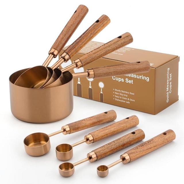 Gold Measuring Cups and Spoons Set, 8 Piece Premium Stainless Steel Measuring Cups with Wood Handles for Baking Supplies in the Kitchen (Bronze)