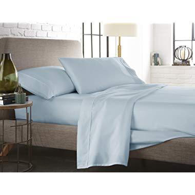 Westbrooke Linens 500 Thread Count 100% Long-Staple Cotton Pleated Hem Sheet Set, Solid Sateen Weave, Wrinkle Free, Elastic Deep Pocket, Hotel Collection, Luxury Bedding Sheet Set (Queen, Blue Sky)
