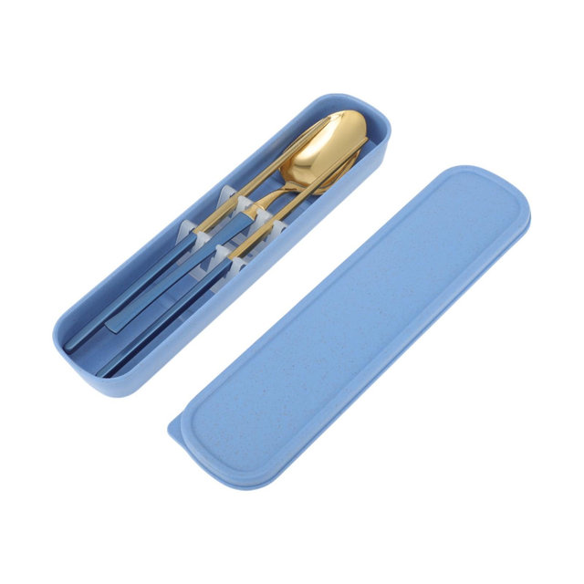 Unique Bargains Flatware Sets Dishwasher Safe Waist-Designed Spoon Chopsticks 2-Piece Set with Box Gold Tone Blue 9.33"x2.36"x2.36" 1 Set
