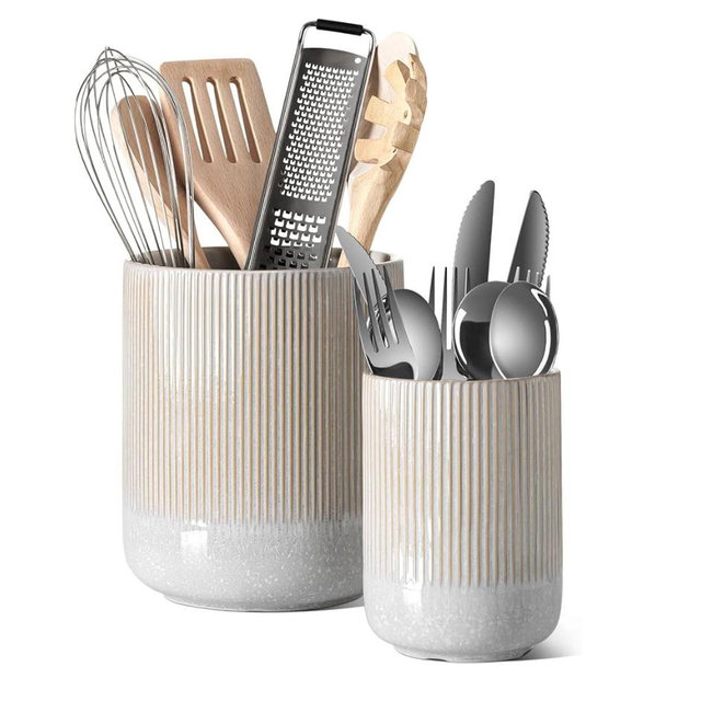LE TAUCI Utensil Holder, 7.3"+5.4" Ceramic Kitchen Utensil Holder for Countertop, Large Cooking Utensil Crocks for Kitchen Counter, Morden Utensil Organizer for Spatula, Set of 2, Glaze Marble Gray