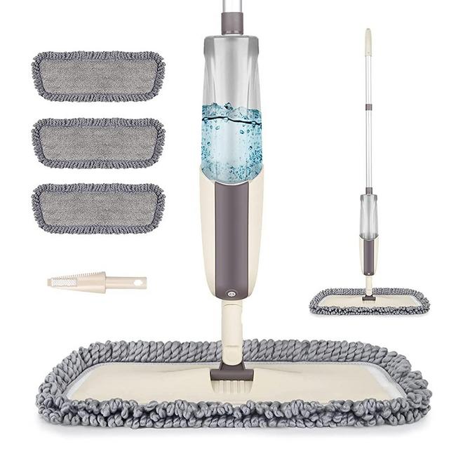 MEXERRIS Microfiber Spray Mop for Floor Cleaning - Wet Dry Dust Kitchen Floor Mop with 410ML Refillable Bottle 360°Rotatable Hardwood Mop for Laminate Wood Tiles 3 Reusable Pads and 1 Scrubber