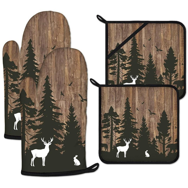 Deer Forest Wood Grain Oven Mitts and Pot Holders Sets Heat Resistant 4Pcs Potholders Oven Gloves Hot Pads for Kitchen Baking Cooking Grilling BBQ