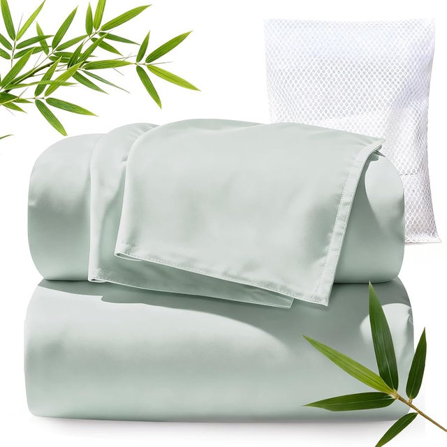 TWK Real 100% Viscose Derived from Bamboo Sheets Set Queen Size, Cooling & Silky Soft for Hot Sleeper, Breathable & Moisture Wicking Fabric, 18" Deep Pocket with Corner Straps (Sea Glass, Queen)