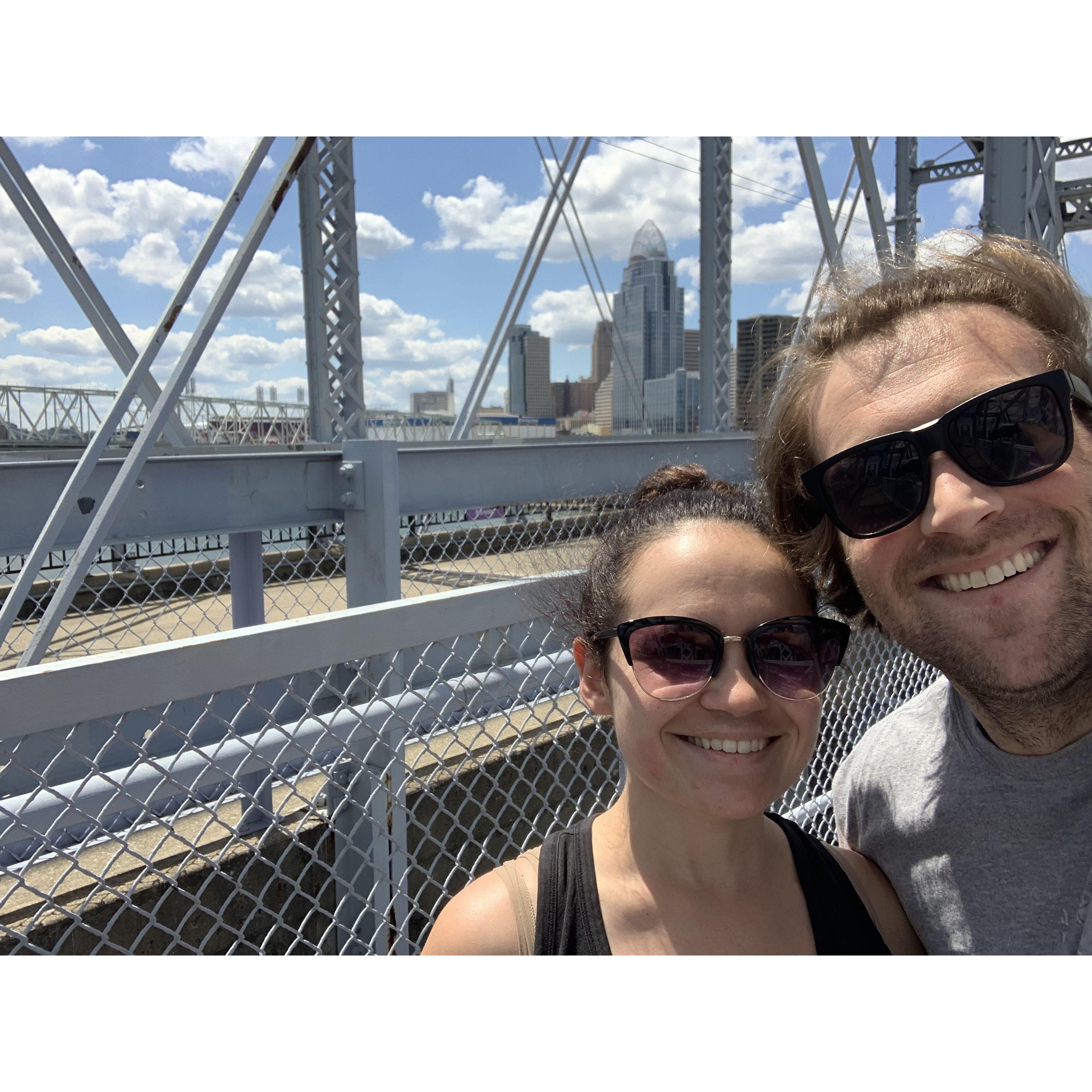 Walking on the Roebling (our fav) after moving to Cincinatti in 2024
