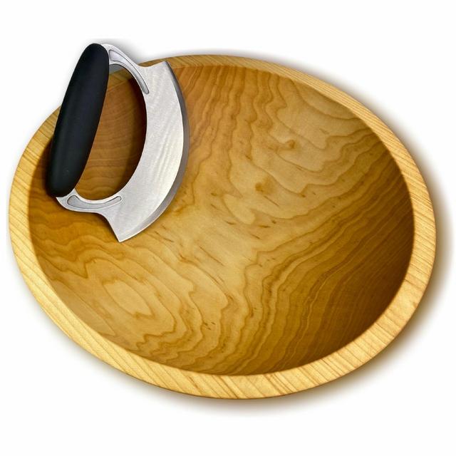 Wooden Salad Chopping Bowl & Mezzaluna, 15", New Upgraded Chef's Mezzaluna