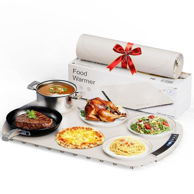 Electactic Food Warming Mat, 10s Fast Heating Silicone with 7-Level Adjustable Temp (Up to 212℉) with Child Lock & Timer, Rollable Portable for Buffet, Party, Kitchen, Beige