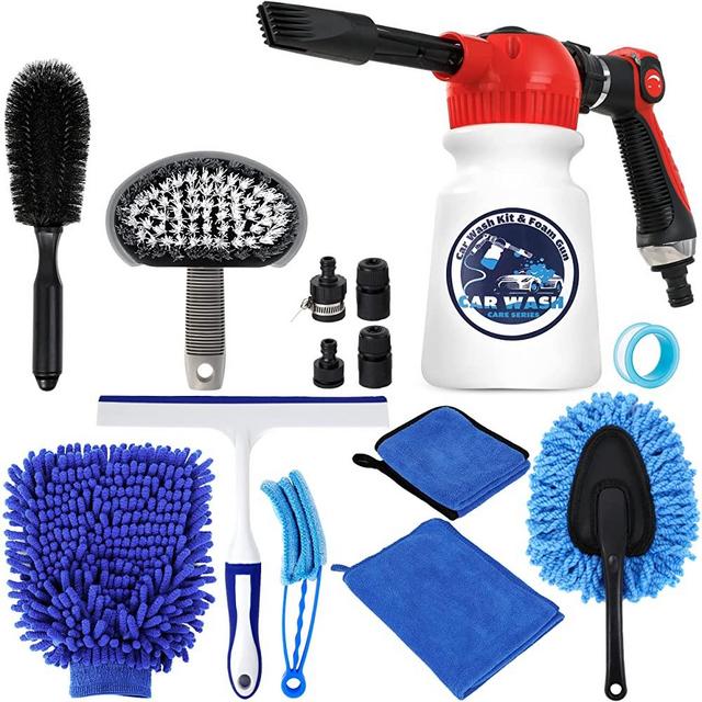 LUYE Car Wash Kit with Foam Gun, Car Cleaning Kit with Wheel Brush, Duster, Window Squeegee, Microfiber Wash Mitt & Towel, Adjustable Hose Car Wash Sprayer with Quick Connector to Any Garden Hose