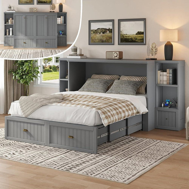 AMERLIFE Queen Size Murphy Bed with Bedside Tables, Foldable Cabinet with 3 Storage Drawers & Charging Station, Farmhouse Hideaway Bed for Bedroom/Office/Guest Room, Grey