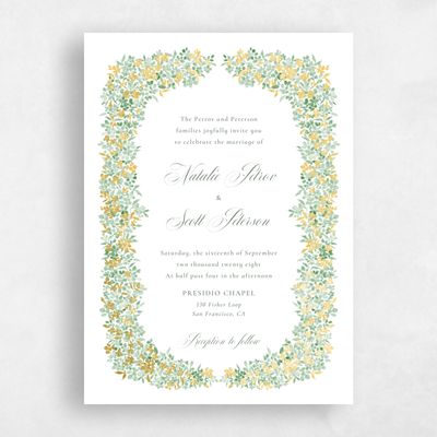 Green Floral Wedding Invitation - Lunette Portrait Foil