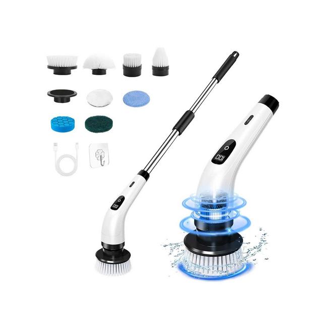 Cordless Power Scrubber - Motorized Rotary Brush w/ 8 Heads & Long Handle for Deep Cleaning