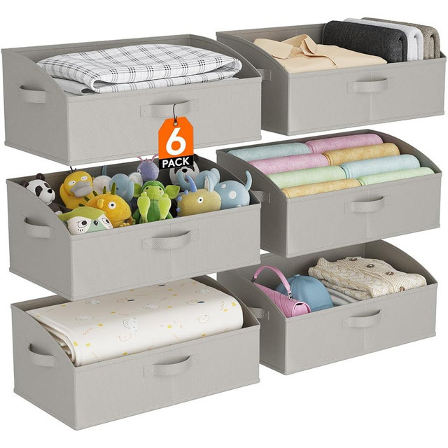 Lifewit Storage Baskets for Shelves, 6 Packs Non-woven Fabric Trapezoid Closet Organizer Bins with Handles, Foldable Clothing Containers Box for Clothes, Toy, Towel, Book, DVD, Hats, Large-Light Grey