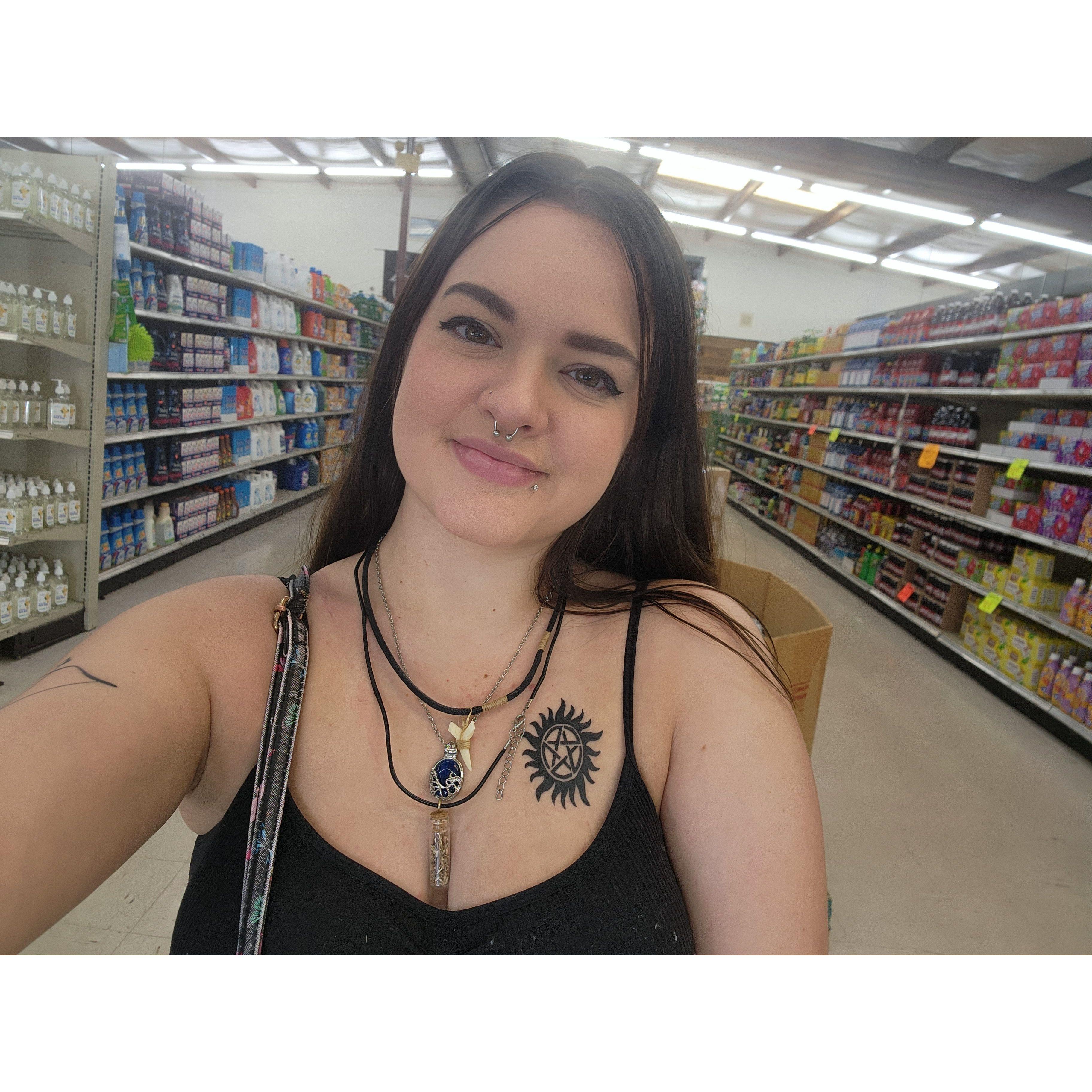 Elana is a huge fan of The Vampire Diaries... During a trip with Dex, Elana got to experience Mystic Falls IRL. This is Elana walking through the 1994 Prison World grocery store.