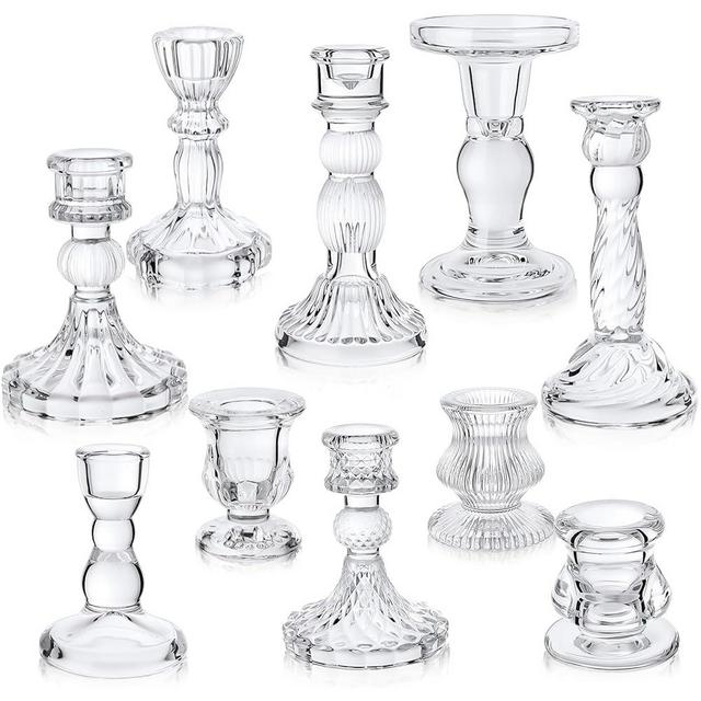 Mumufy 10 Pcs Glass Crystal Candle Holders Clear Glass Candlestick Holder Fit 0.8 Inch Candles 10 Style Taper Candle Holders Crystal Decorative Candle Stand Centerpiece for Table Wedding Dining Party