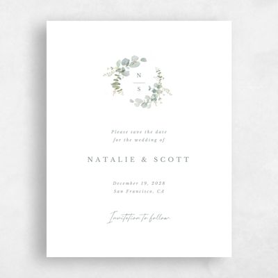 White Wedding Save the Date - Verde Wreath