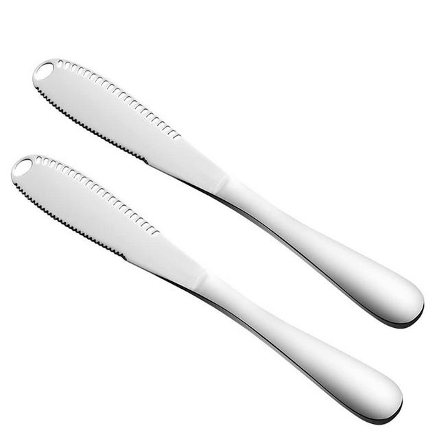 3 in 1 Butter Spreader Cheese Knife, Serrated Edge Stainless Steel Butter Knife for Butter Spreader Slicer Butter Curler Knife – Silver (2PCS).