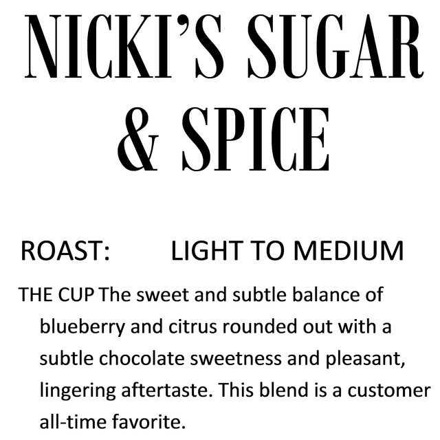 Nicki's Sugar & Spice - Light to Medium Roast