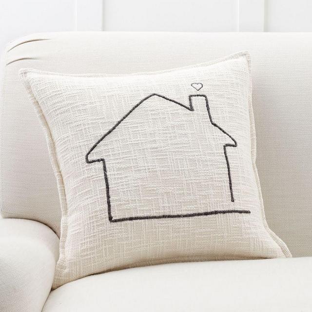 Family Home Embroidered Pillow Cover, 18", Ivory Multi