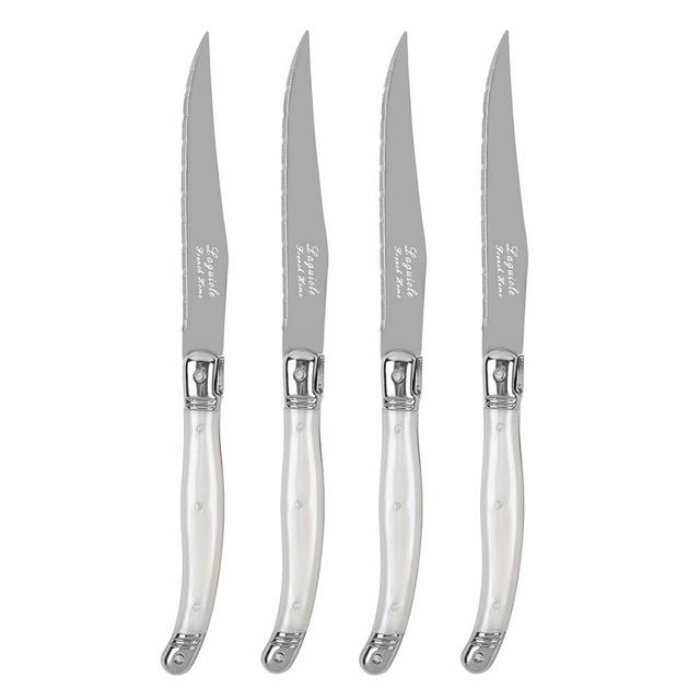 French Home Laguiole Connoisseur 4-Piece Steak Knife Set – Stainless Steel with Pearl White Handles, Etched Detailing & Napoleon Bee Emblem – Serrated Knives for Smooth Cutting (9.25")