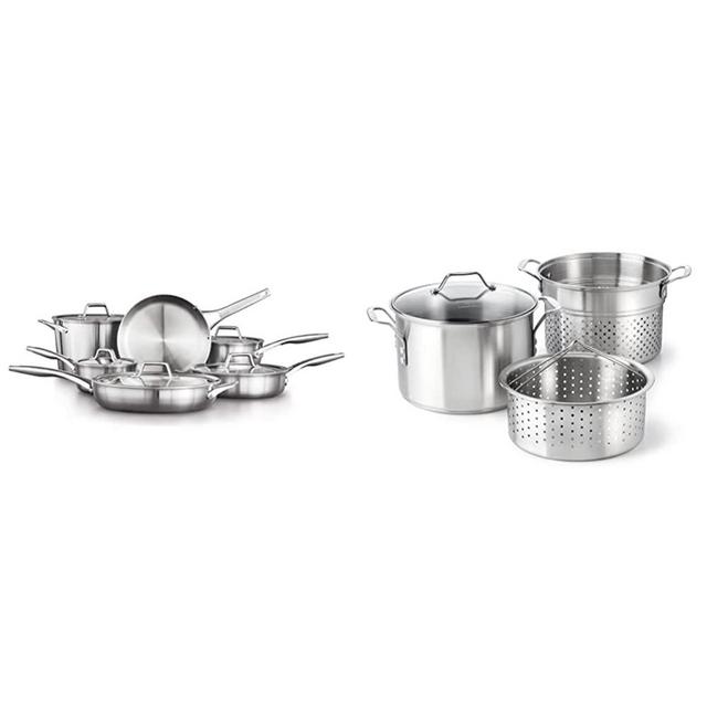 Calphalon 11-Piece Pots and Pans Set, Stainless Steel Kitchen Cookware with Stay-Cool Handles, Dishwasher Safe, Silver & Classic Stainless Steel 8 quart Stock Pot with Steamer and Pasta Insert