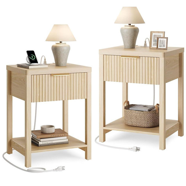 Lulive Night Stand Set 2, Fluted Nightstand with Charging Station, Wood Modern Bedside End Table with Storage Drawer for Bedroom, Save Space (Set of 2, Natural Oak)