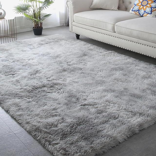 Living Room Area Rug 8x10 - Grey Plush Shag Rugs for Living Room Bedroom - Large Modern Soft Indoor Non-Slip Shaggy Floor Carpet,Tie-Dyed Light Gray