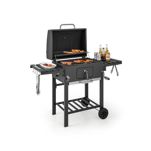 SKONYON Outdoor BBQ Charcoal Grill with 2 Foldable Side Table and Wheels
