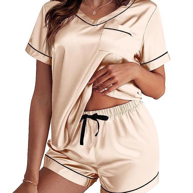 Ekouaer Women's Satin Short Sleeve V-Neck Pajama Set