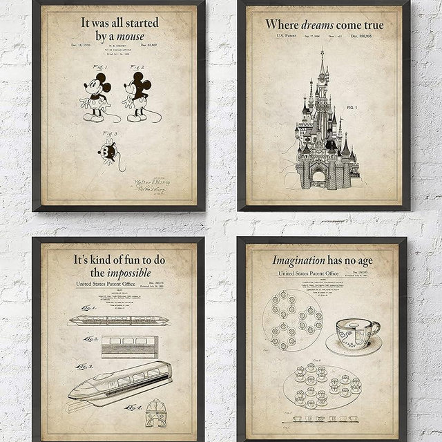 Disney Patents with Slogans, Set of 4, Unframed, Vintage Castle Mickey Mouse Tea Cups Monorail wall art decor gift, 5x7 Inches