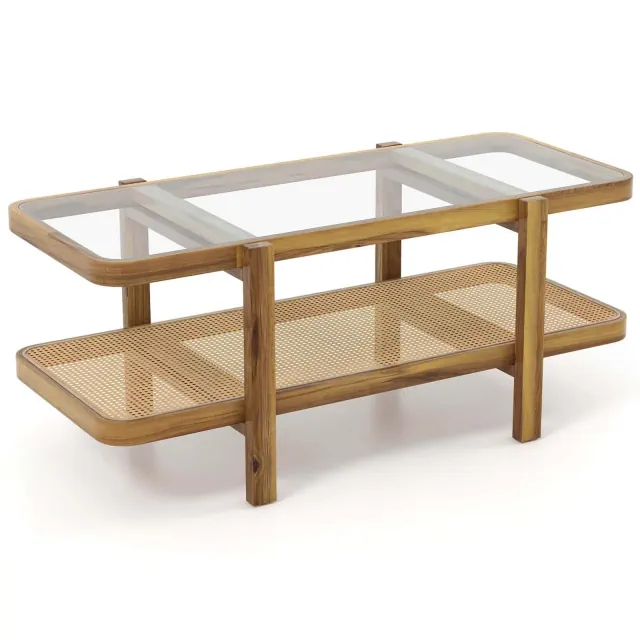 Costway 2-Tier Rustic Coffee Table with Storage Tempered Glass Tabletop PE Rattan Shelf