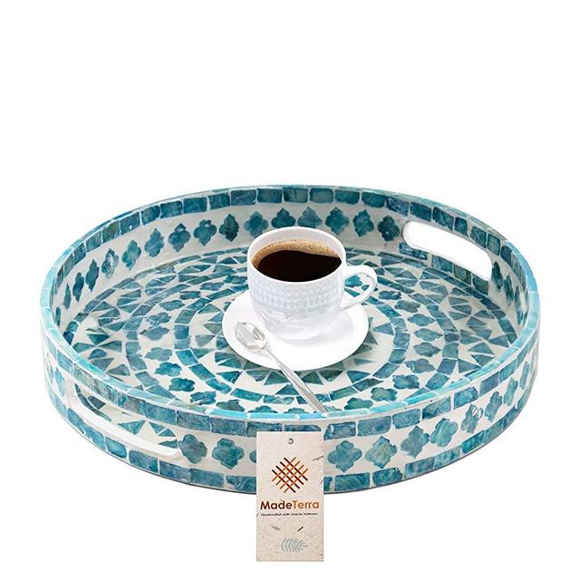Mother of Pearl Inlay Round Serving Tray | Coffee Table Wooden Tray w Insert Handles - Luxury Decorative Platters for Party, Dinner, Breakfast in Bed - by MadeTerra (Round-Teal)
