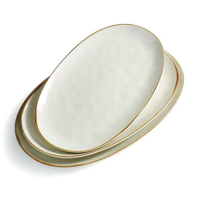 famiware Serving Platter, Oval 15.59/14.3/12.9inch Serving Dishes for Entertaining, Serving Bowls, Microwave Safe, Stoneware Serving Trays for Party, Food, Turkey, Cheese, Ocean Series, Vanilla White