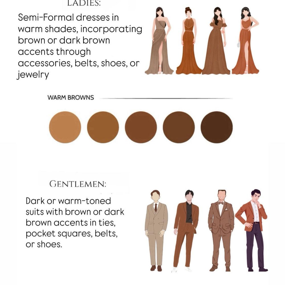browns dress code Everyone looked so stunning- Dress code: shades of brown dresses and guys  dark colors avoiding beige  my anxiety over coming  off as a bridezilla was so worth it!!! #wedding #drrsscode