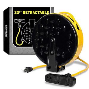 30Ft Retractable Extension Cord Reel with 3 Electrical Power Outlets - 16/3 Durable Yellow Cable - Perfect for Hanging from Your Garage Ceiling