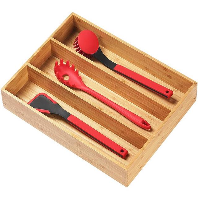 Umilife Bamboo Kitchen Utensils Organizer, 13 Inch Drawer Dividers for Silverware, Extra Deep Holder, with Non-Slip Feet, Wood Caddy for Flatware Cutlery