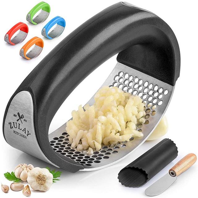 Zulay Stainless Steel Garlic Press Rocker Set - Premium Garlic Mincer With Silicone Peeler & Scraper - Arc Shape Design Garlic Crusher With Comfortable Grip (Black)