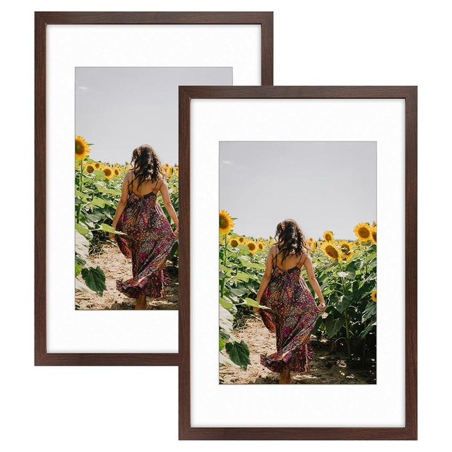 Frametory, 16X24 Picture Frame Display 12X18 with Mat or Without Mat, Horizontal or Vertical Wall Poster Frame with High Definition Glass, Wide Molding, Perfect for Home Decorate (Brown, 2 Pack)