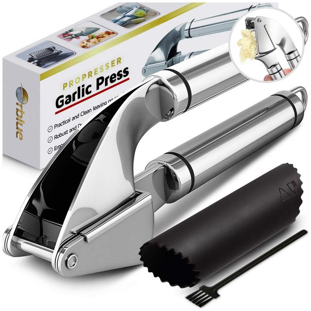 ORBLUE Garlic Press, Stainless Steel Mincer and Crusher with Garlic Rocker and Peeler Set - Professional Grade, Dishwasher safe, Rust-proof